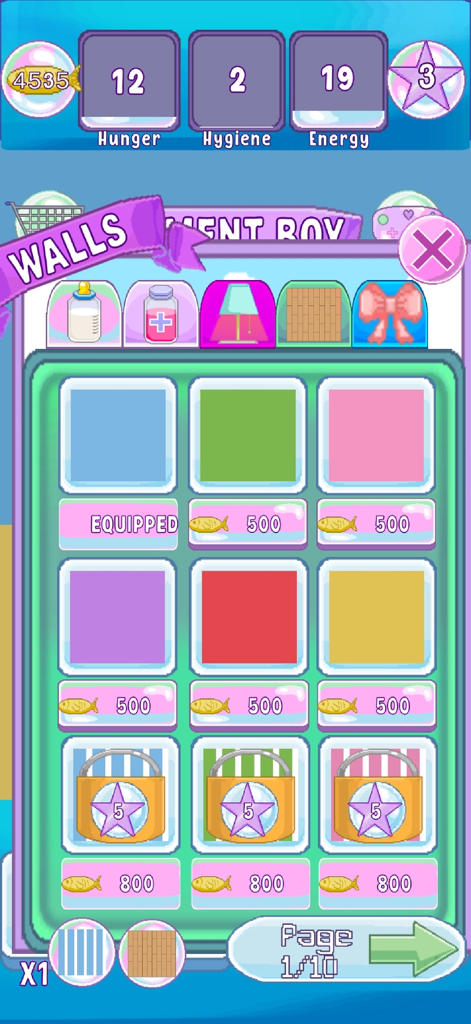 Virtual Seal Pet - In-game shop interface of Virtual Seal Pet showing colorful wall decoration options and pet care status bars