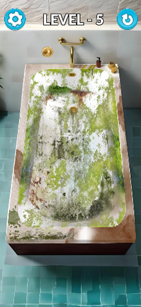 Satisfying Home Deep Cleaning - Vista superior de uma banheira suja coberta de sujeira e musgo em um jogo de limpeza de casa