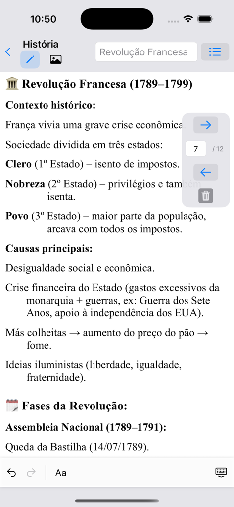 Caderno Digital - Screenshot of Caderno Digital app displaying structured history notes about the French Revolution with text formatting and page navigation.