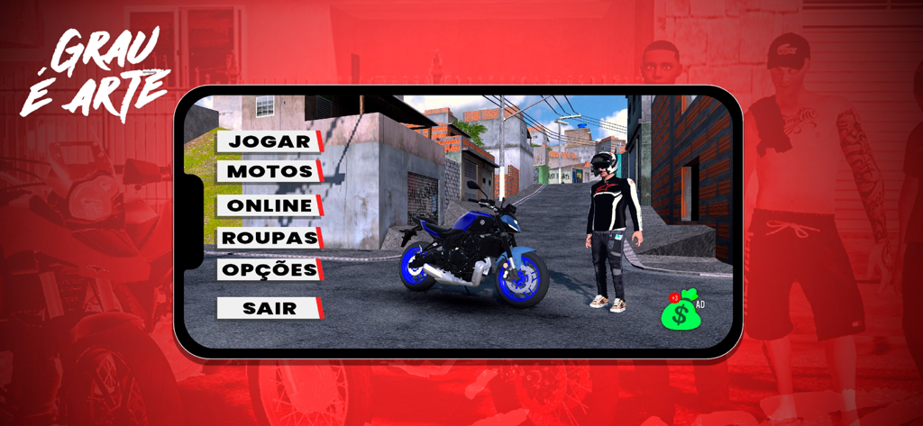 Grau é Arte Online - Menu principal do jogo de moto Grau e Arte Online em uma tela de celular