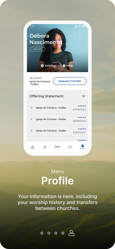 教会の転籍オプションや礼拝履歴が表示された7meアプリのユーザープロフィールのインターフェース。