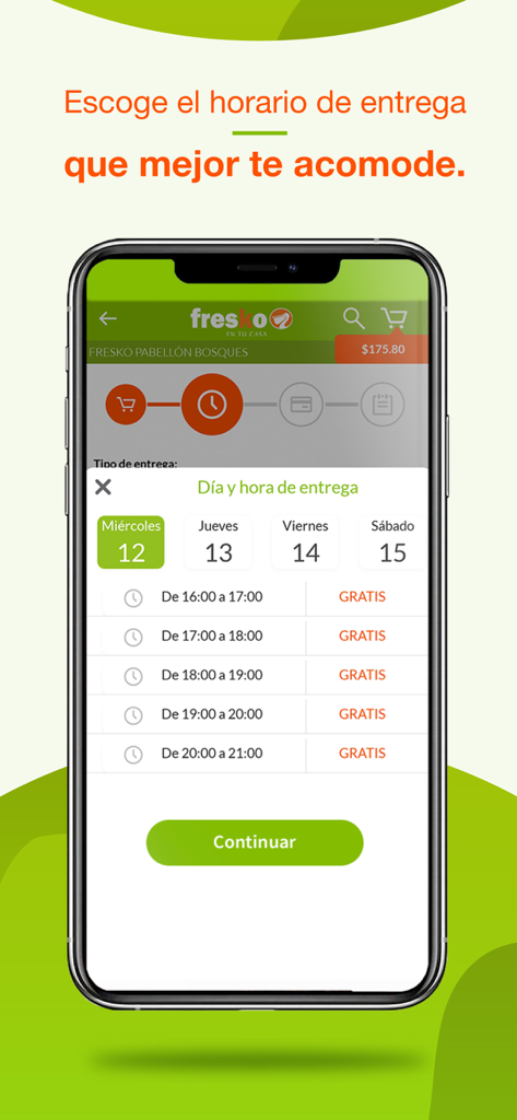 Fresko - Interfaz de la aplicación Fresko mostrando la selección de días y franjas horarias para la entrega de comestibles
