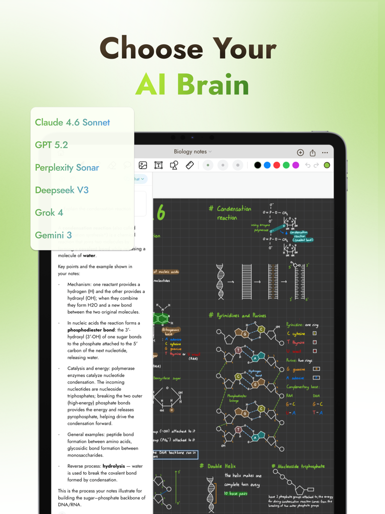 Matcha - Take AI Notes - iPad screen showing handwritten biology notes in the Matcha app with a dropdown menu to choose between different AI models like Claude and GPT