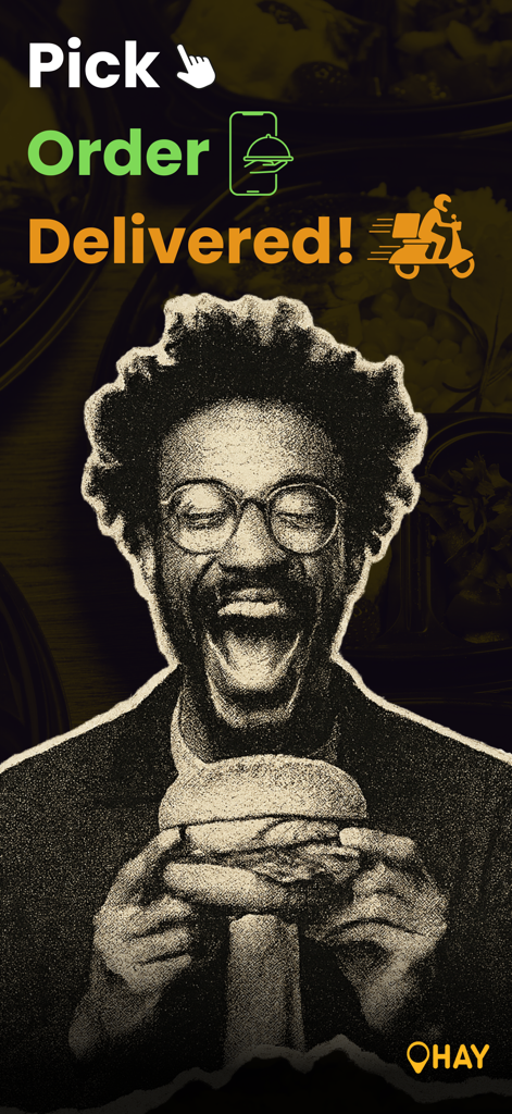 Ohay | Food & Grocery Delivery - Ohayのフードデリバリーアプリを紹介する「注文完了」というテキストとともに、ハンバーガーを持つ幸せそうな男性