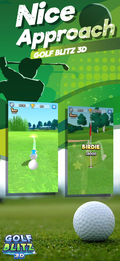 Dos capturas de pantalla de Golf Blitz 3D que muestran la mecánica de apuntar la bola y un golpe de birdie.