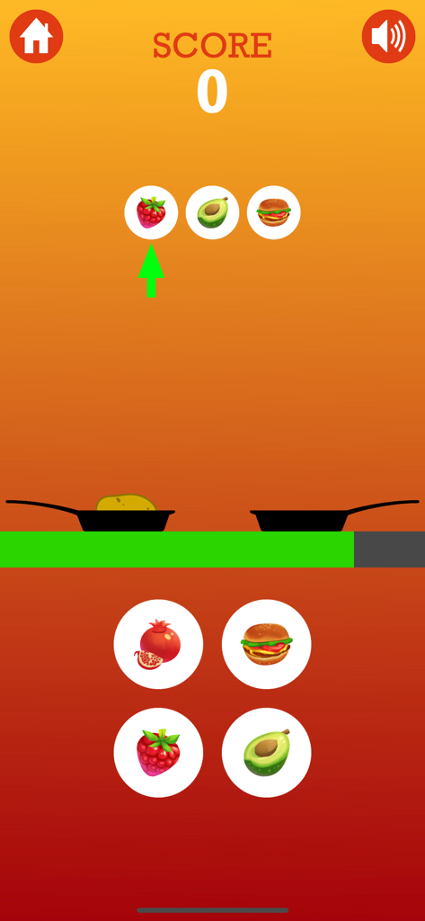 Captura de pantalla del juego Juego de la Papa Caliente mostrando iconos de comida para la combinación de patrones y una puntuación de cero