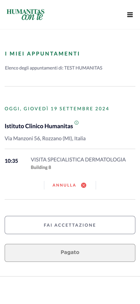 Humanitas Con Te - Humanitas Con Te app screen showing a scheduled medical appointment with check-in and payment status.