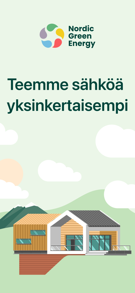 Nordic Green Energy Finland - Nordic Green Energy Finlandアプリのウェルカム画面。モダンな家庭のイラストと会社ロゴが特徴です。