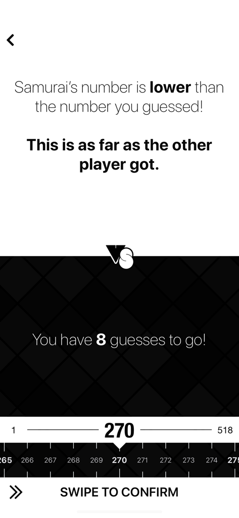 The Number Guessing Challenge - 사무라이 챌린지 피드백과 숫자 선택 슬라이더를 보여주는 숫자 맞히기 챌린지 게임플레이 화면.