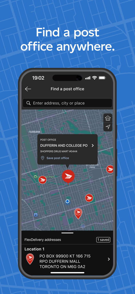 Canada Post - Interfaz de la aplicación Canada Post que muestra un mapa con ubicaciones de oficinas de correos y direcciones FlexDelivery.