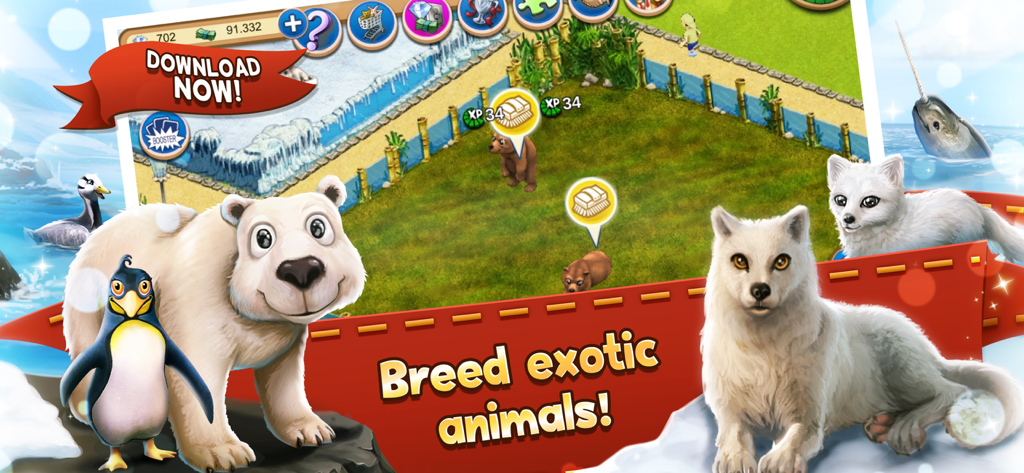 My Free Zoo Mobile - Promotional artwork for My Free Zoo Mobile featuring a polar bear, penguin, and arctic foxes with the text Breed exotic animals.
