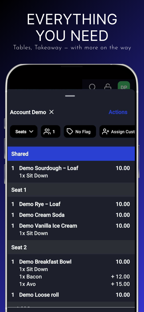 Sally POS - Sally POS mobile Oberfläche, die eine detaillierte Bestellverwaltung für Tische und zum Mitnehmen mit artikelspezifischer Sitzplatzinformationen zeigt.