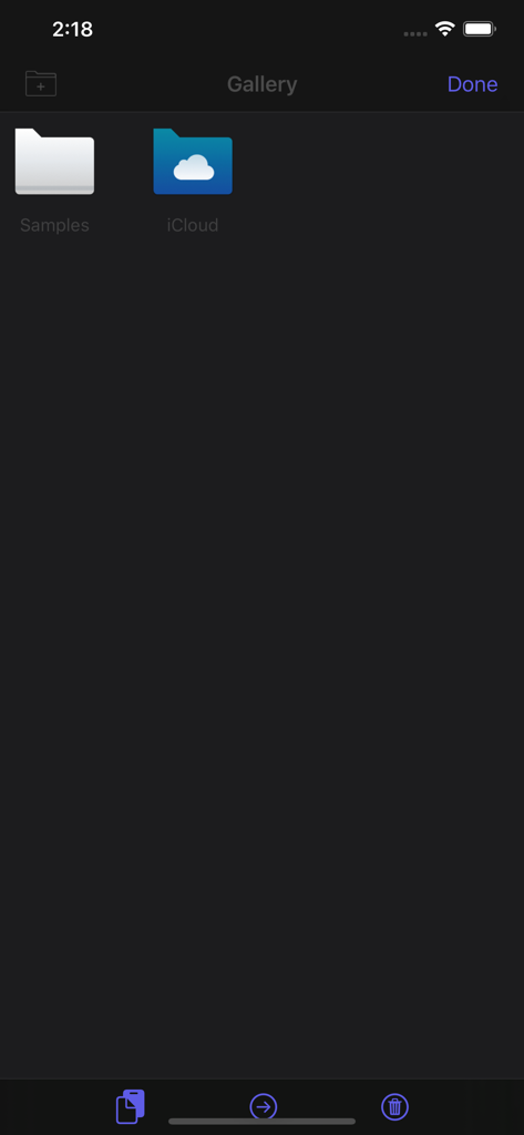VectorView Galerie-Oberfläche mit Beispiel- und iCloud-Ordnern zur Dateiorganisation