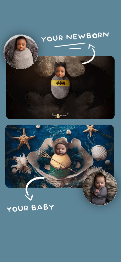 Tiny Peanut: Baby Photo Editor - Newborn face swap onto themed background templates in Tiny Peanut app