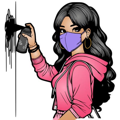realistic girl with mask spray painting a wall
