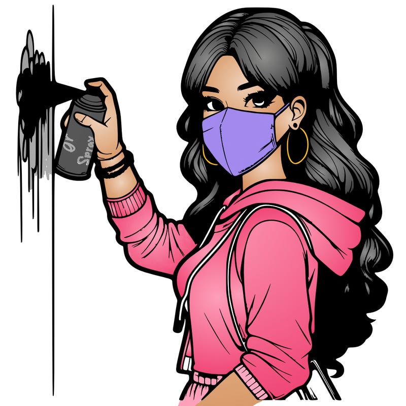 realistic girl with mask spray painting a wall