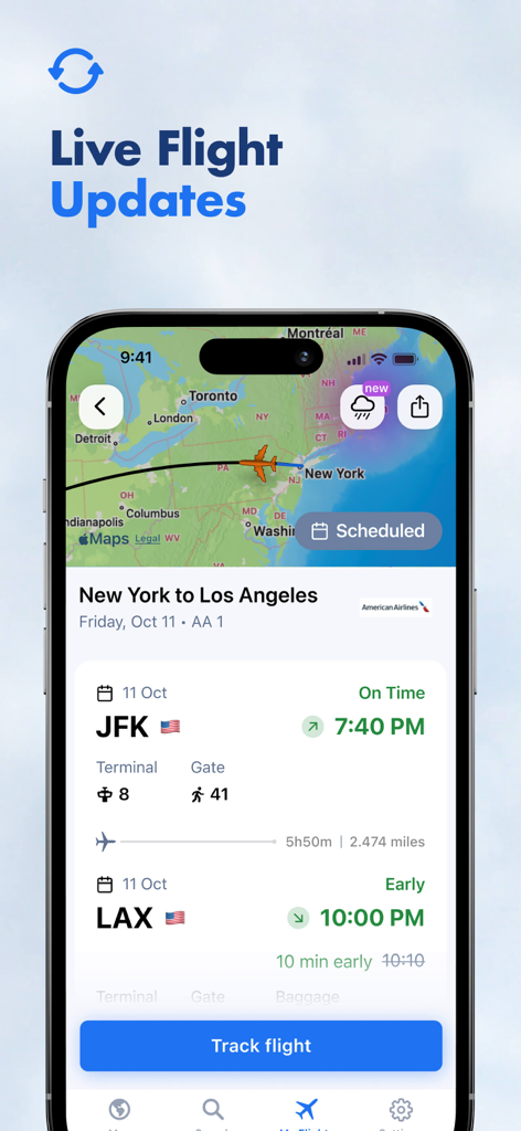 Display iPhone che mostra lo stato del volo in tempo reale con dettagli sul gate e sul terminal per un viaggio da New York a Los Angeles