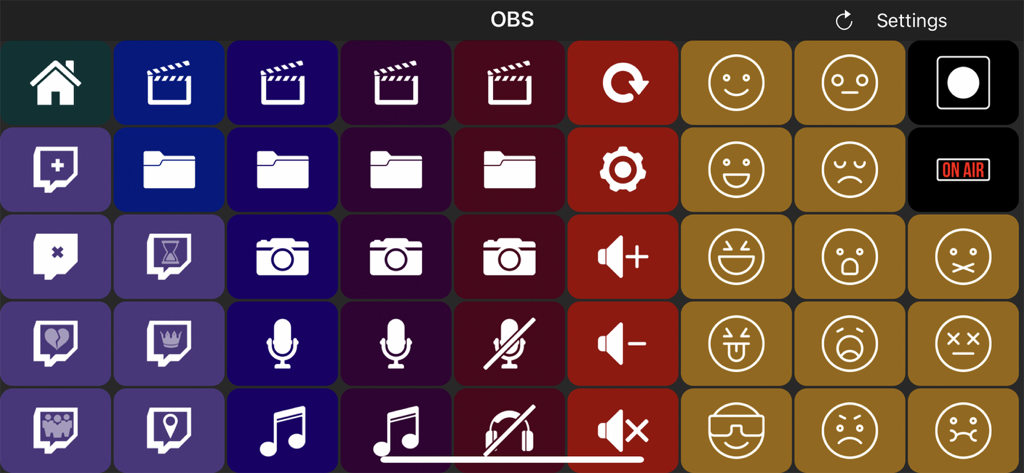 Touch Portal - Oberfläche der Touch Portal App, die ein anpassbares Raster von Makro-Tasten für die OBS-Stream-Steuerung zeigt