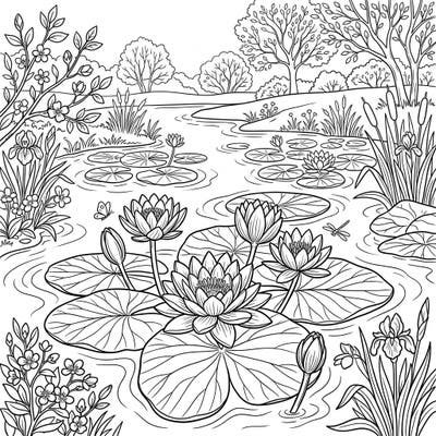 Celebrate the fresh beauty of spring with this delightful water lilies coloring page, perfect for all ages. Dive into a peaceful pond scene brimming with blooming flowers and natural serenity.