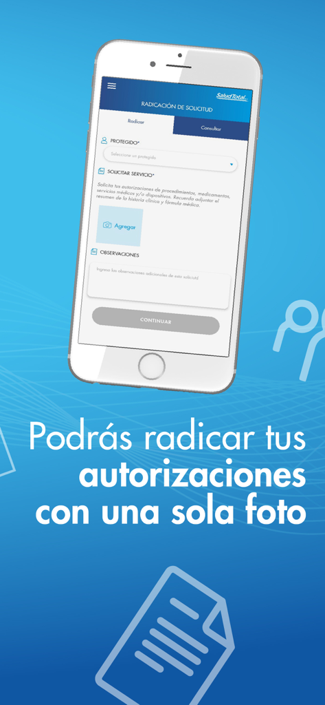 Salud Total EPS-S - Interface do aplicativo móvel Salud Total EPS-S para envio de autorizações médicas com foto