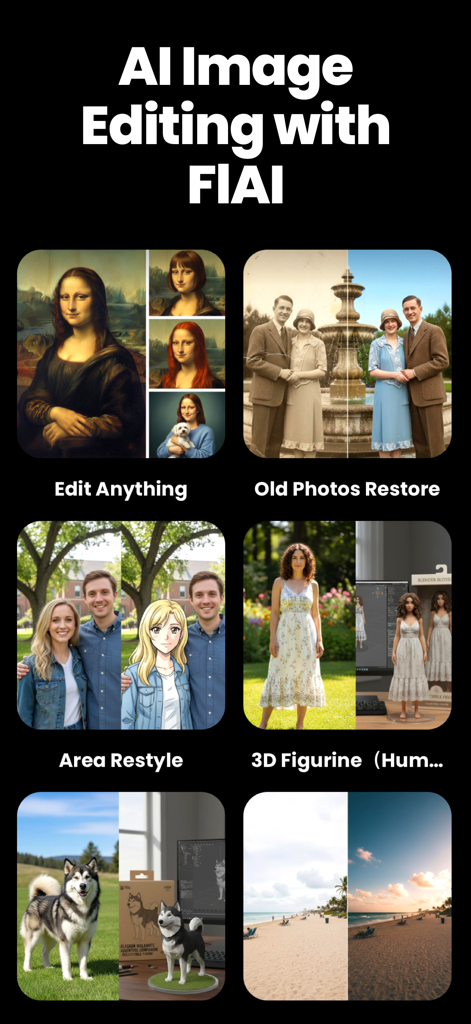 FLAI - New AI Photo Generator - A showcase of AI image editing features in the FLAI app including photo restoration anime restyling and 3D figurine generation