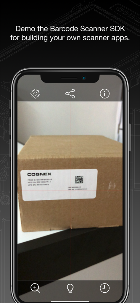 Barcode Scanners - Cognex mobile app interface scanning a barcode on an industrial shipping box