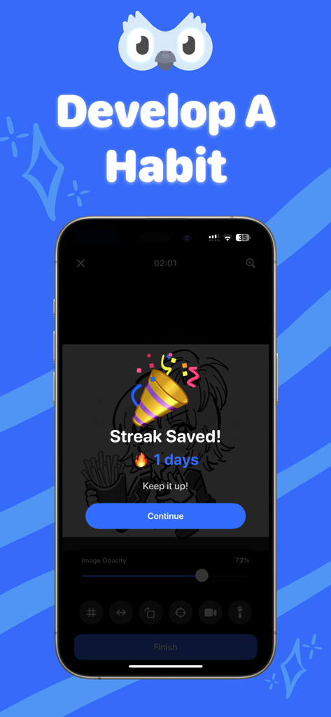 Drawee: AR Drawing - A screenshot of the Drawee AR Drawing app showing a streak saved notification to help develop a daily drawing habit