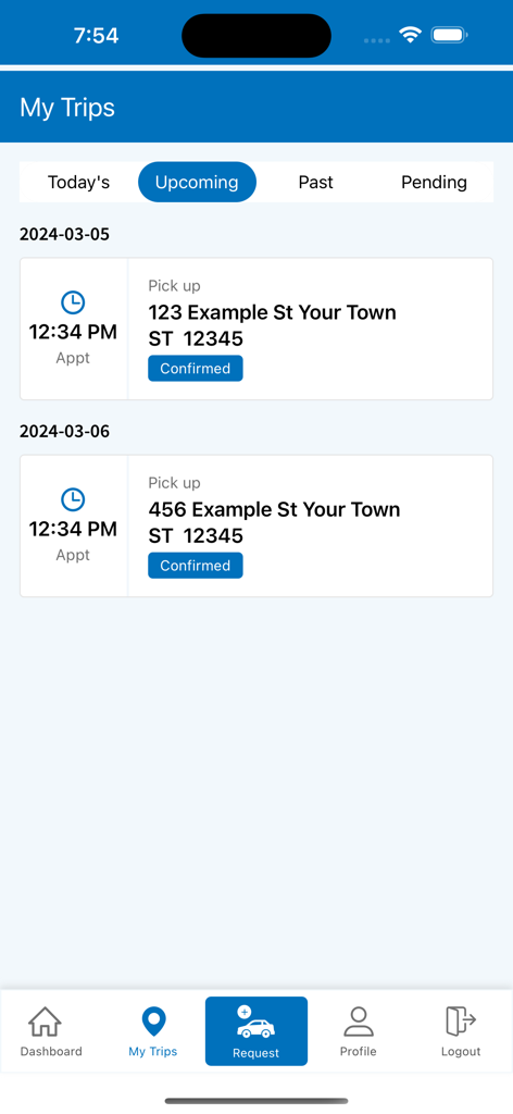 VetRide Passenger - VetRide Passenger mobile app interface showing upcoming confirmed ride requests with pickup times and addresses.