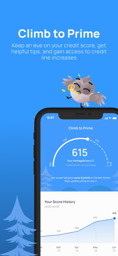 A mobile app interface displaying the Sparrow Card Climb to Prime feature for monitoring credit scores and tracking history.