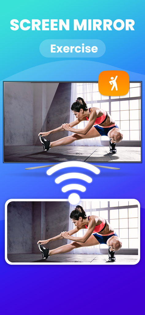 Screen Mirroring Smart View - Uma mulher espelhando seu treino de fitness de um iPhone para uma grande smart TV via Wi-Fi.