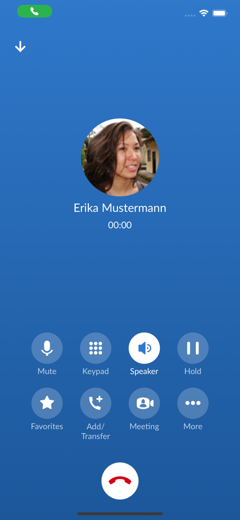 MaX UC - Ongoing call interface in MaX UC app showing contact details and professional call controls