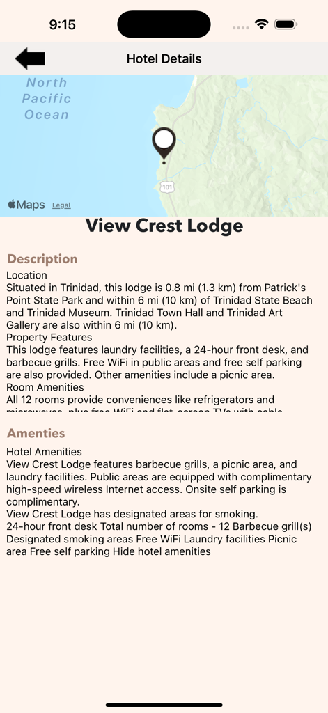 Redwood = National Park - Hotel details screen for View Crest Lodge in Trinidad featuring a map and list of amenities.