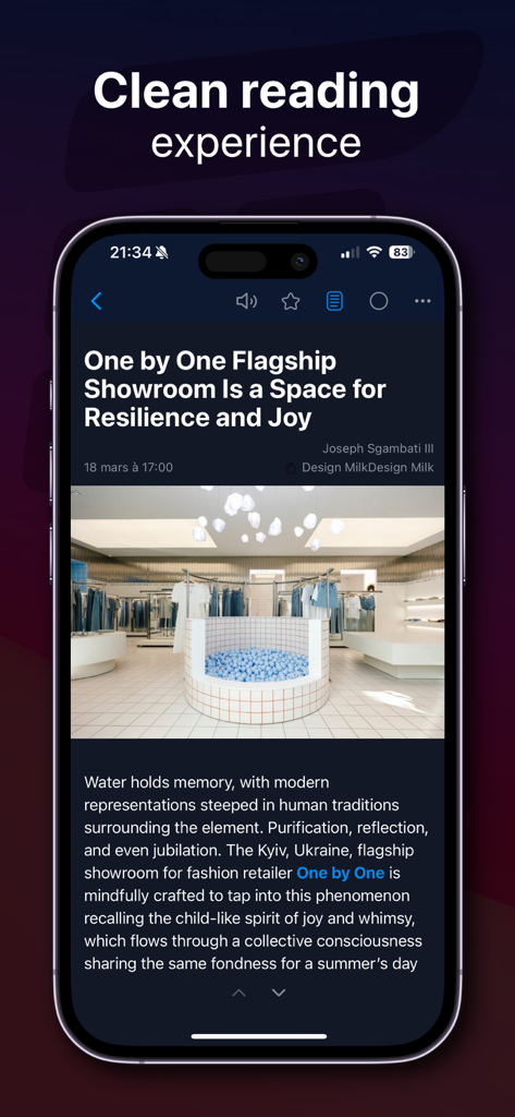 Cupfeed : News & RSS reader - Cupfeed app displaying a clean article reading interface on an iPhone in dark mode