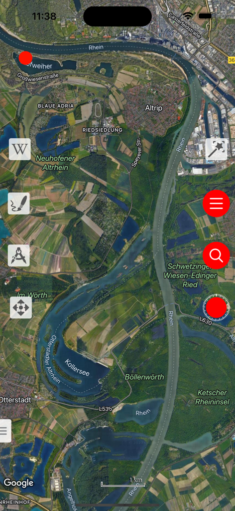 Vetus Maps app interface showing a historical map overlay on a modern satellite view of a river landscape