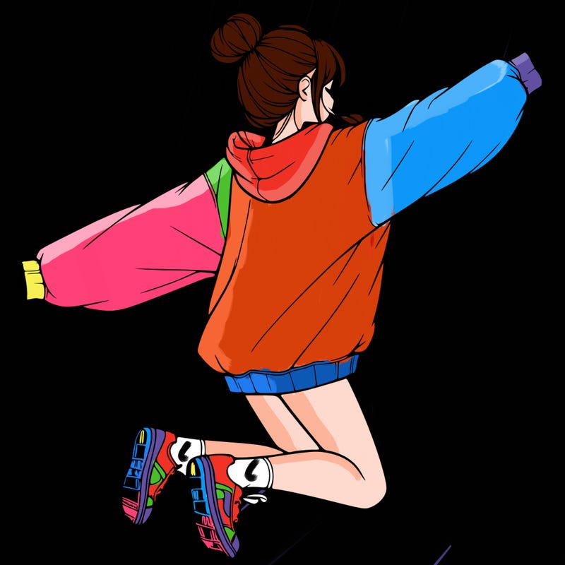 realistic girl jumping with a bun and oversized sweatshirt