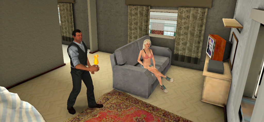 Los personajes masculinos y femeninos Isabella y Edward en un apartamento en Grand Heist Online 2