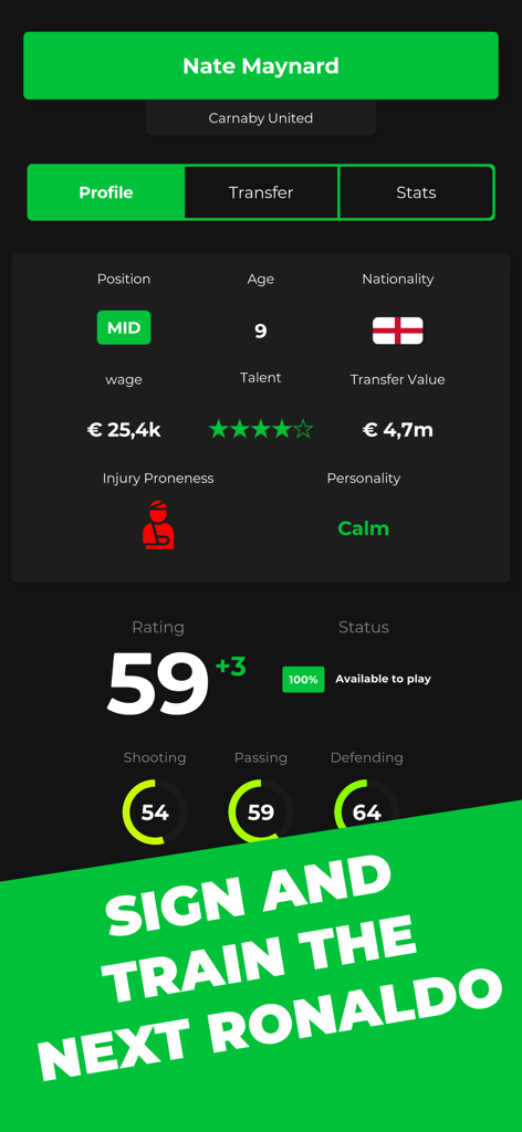 Club Boss - Football Game - Player profile screen in Club Boss showing soccer player stats and value