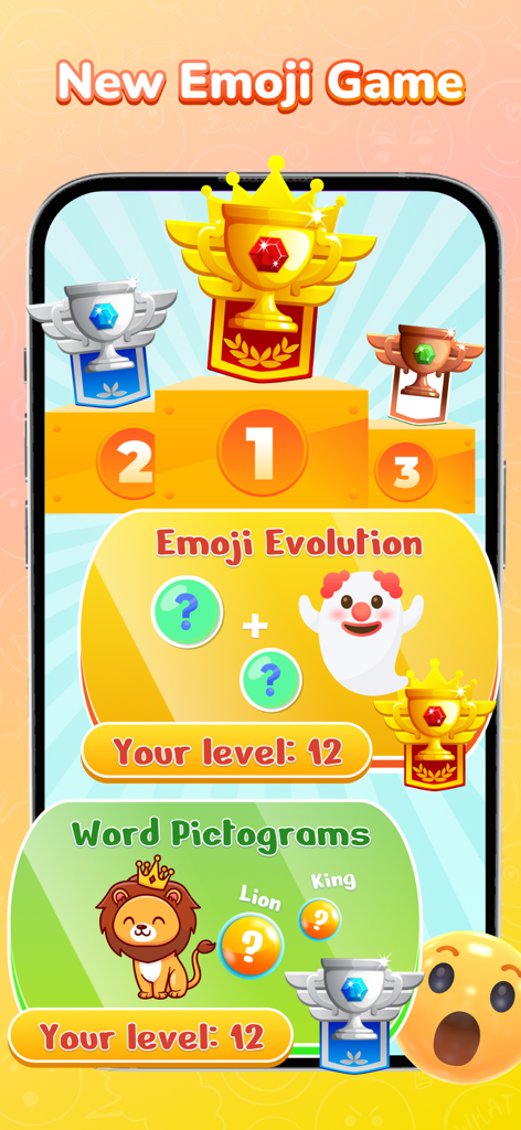 Interfaz de la aplicación Emoji Kitchen que muestra los niveles de juego de Evolución de Emojis y Pictogramas de Palabras con insignias de oro y plata.