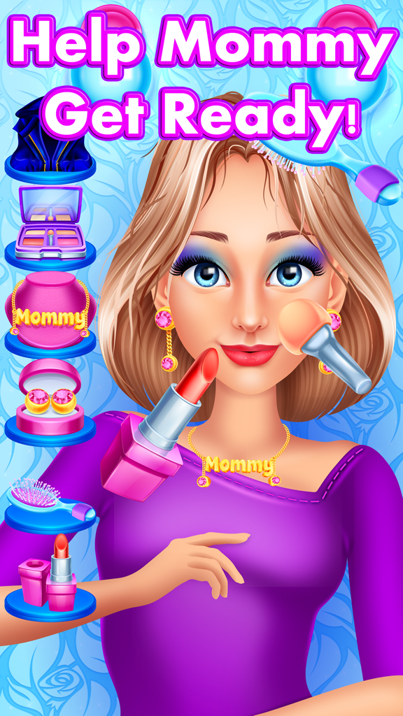 Babysitter Makeup Party Salon  - Baby Girl Games - Gameplay screen showing a cartoon character being styled with makeup and jewelry