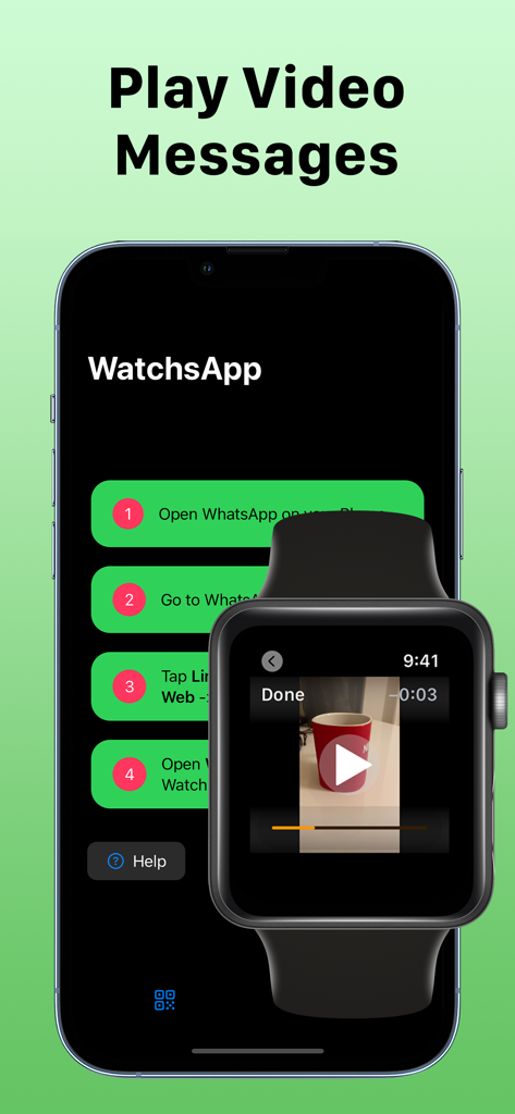 A screenshot showing the feature to play video messages on an Apple Watch using the WatchsApp app