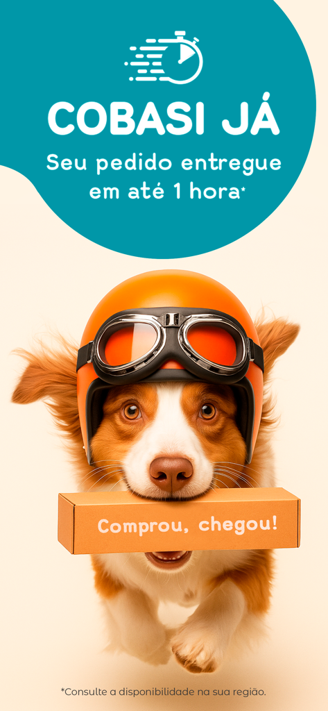 Cobasi: pet shop online - Un cane che indossa un casco da motociclista arancione e occhiali, con una scatola di consegna in bocca, per promuovere il servizio di consegna espressa Cobasi
