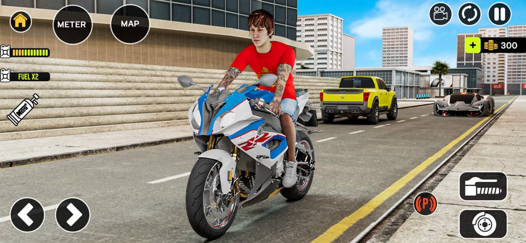 A character riding a blue and white sports motorbike through a modern city street with a yellow truck and grey car nearby.