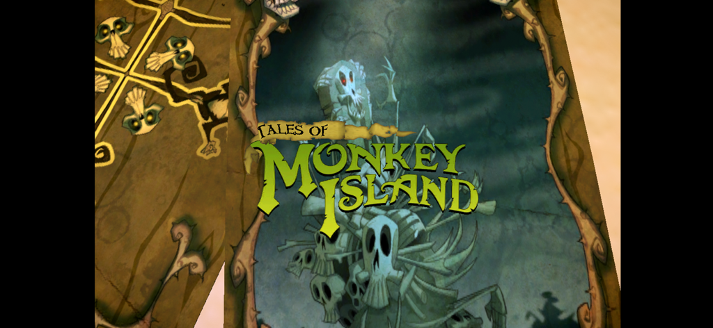 Pantalla de título de Tales of Monkey Island Episodio 5 con el logo del juego y arte estilizado de calaveras y huesos de piratas.