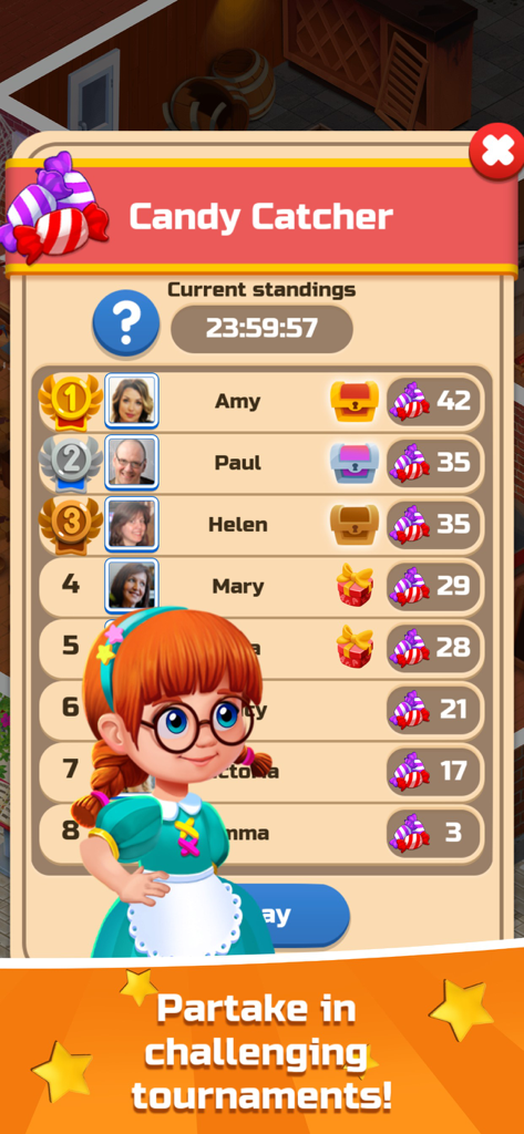 Word Sauce: Connect Puzzle! - Classement du tournoi Candy Catcher dans Word Sauce montrant les classements des joueurs et les récompenses