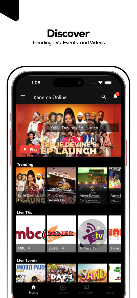 Kanema Online - Kanema Online app discover screen showing trending videos, live TV channels like MBC and Zodiak, and local live events.