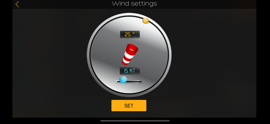 Wind settings interface in the Flight IFR Nav Trainer app showing a windsock dial with adjustable direction and speed
