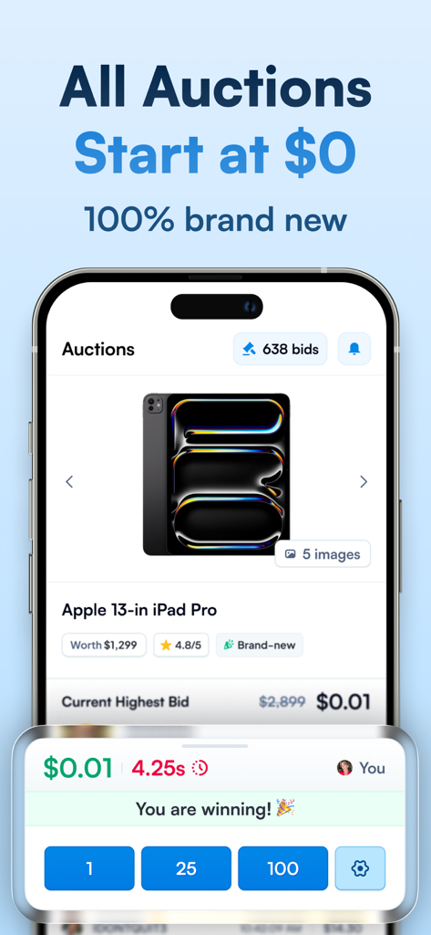 DealDash mobile app interface showing a live auction for a brand new Apple iPad Pro starting at zero dollars.