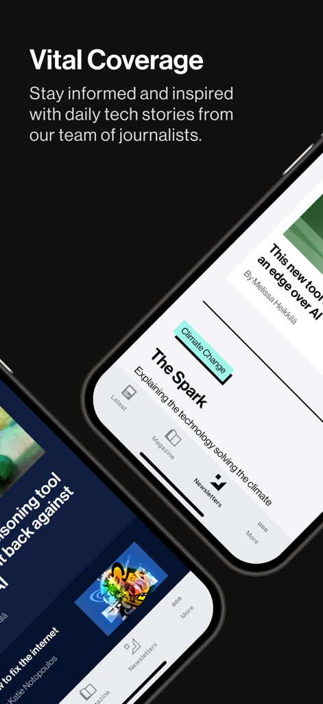 MIT Technology Review - MIT Technology Review アプリのインターフェースが表示された 2 台の iPhone。テクノロジー記事と日刊報道が特徴