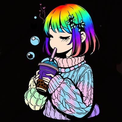 manga girl drinking boba in cozy sweater