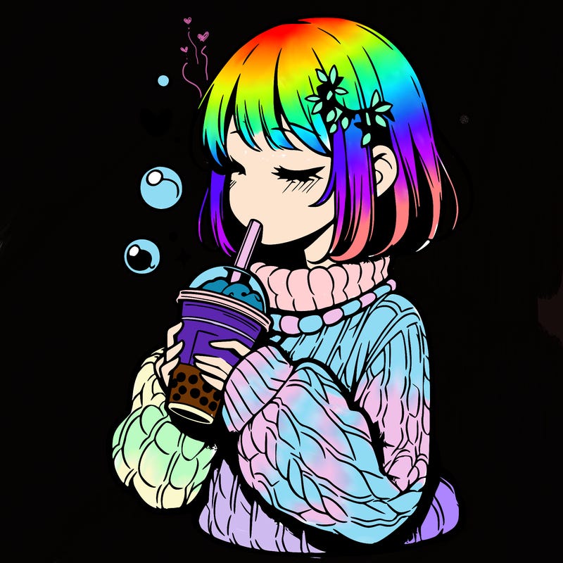 manga girl drinking boba in cozy sweater
